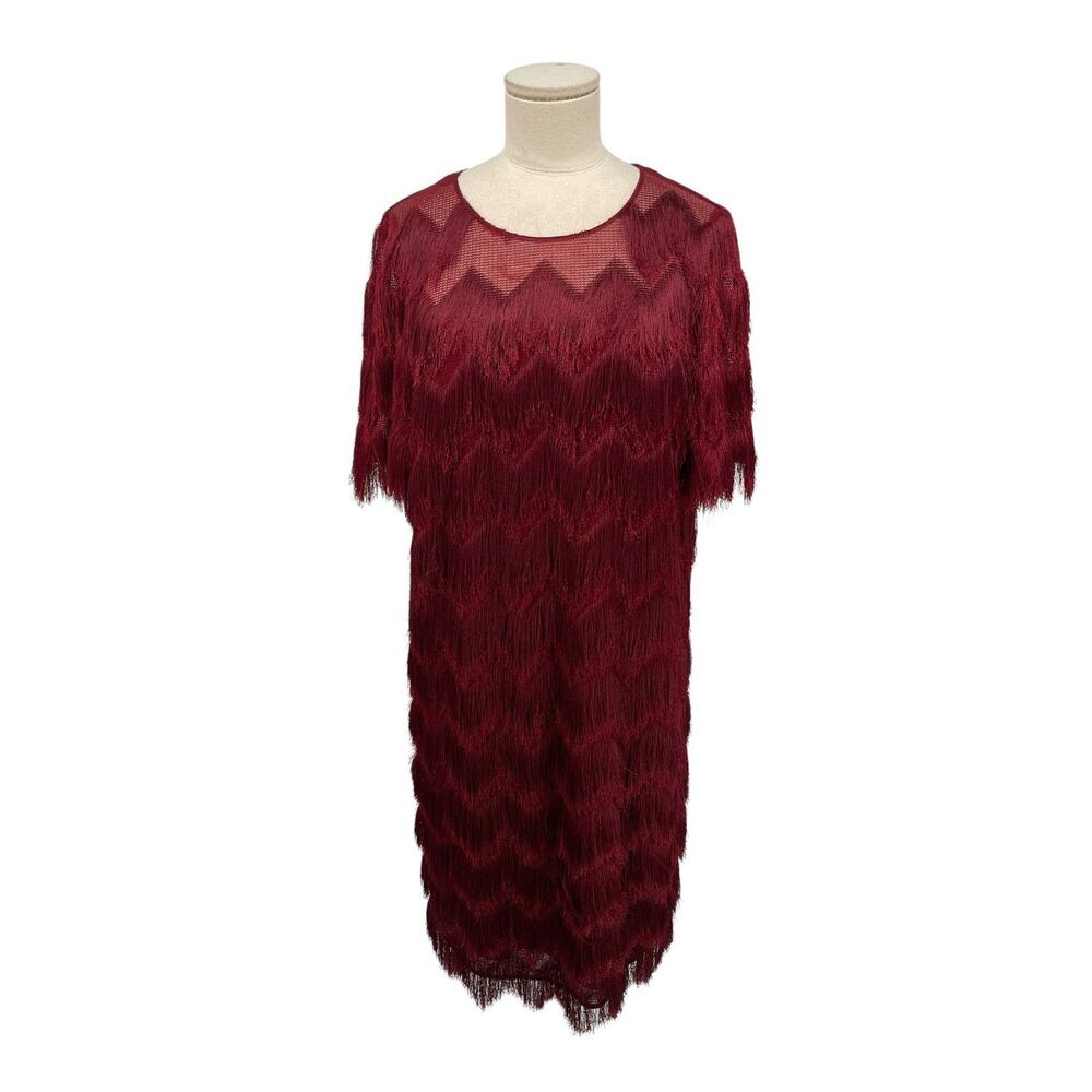 Akris Punto Layered Fringe Dress Zigzag Garnet Size 10